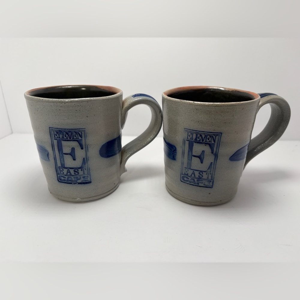 Rowe Pottery Stoneware Cafe Mug Pair (2) Cobalt Blue Handmade USA Cottagecore